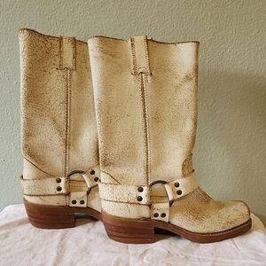 FRYE kate harness distressed off white boots, size 6.5